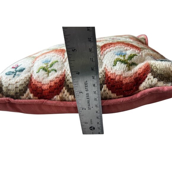 Needlepoint and crewel throw pillow orange flowers gray cream - Picture 4 of 6